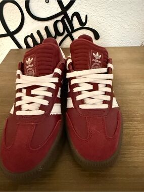 adidas Burgundy Suede Low-Top Sneakers with White Stripes